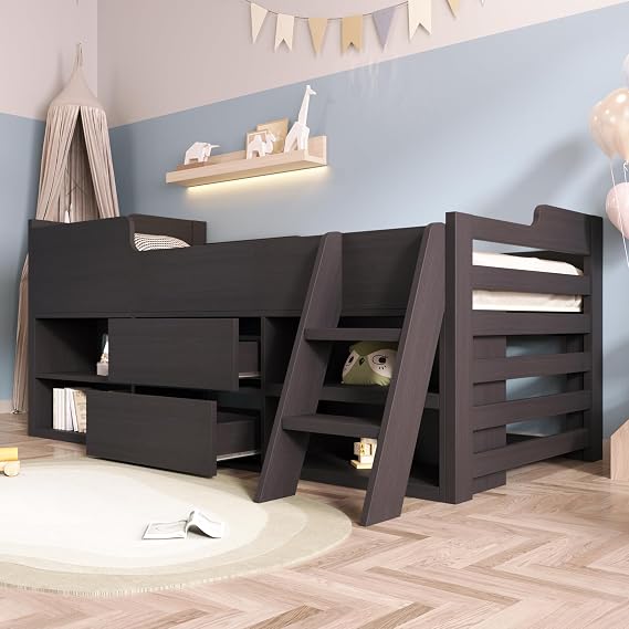 3ft Mid Sleeper Bed Frame with Storage and Ladder, Modern Taupe Wooden Cabin Bed, 90x190 cm, 120KG Weight Capacity