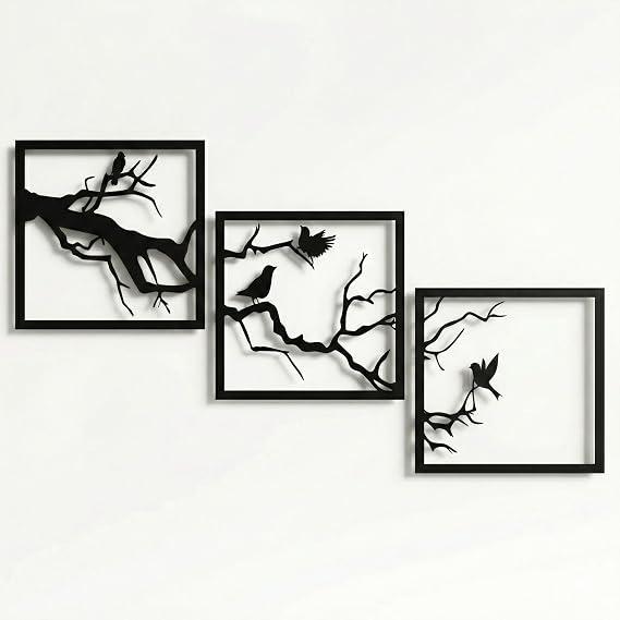 DEKADRON Metal Duvar Dekoru, Metal Ağaç ve Kuşlar Duvar Sanatı, Metal Duvar Dekoru, İç Dekorasyon, 3 Panel (15" G x 15" Y / 38x38 cm)