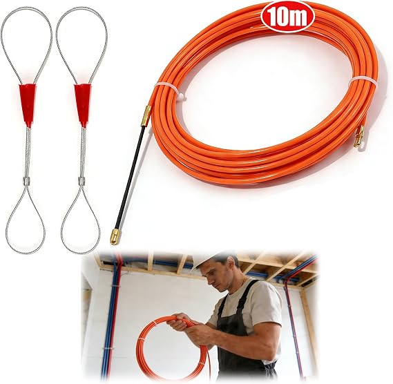 Fish Tape 10m Cable Puller, Wire Pulling Tool with 4.0mm, Retractable Fish Tape for Electrical Cables, Wire Puller with 2 Guide Springs, Durable and Smooth Cable Fishing Tool for Electricians