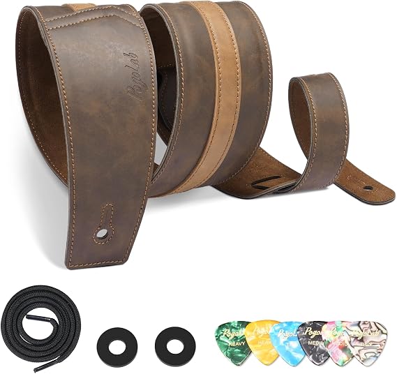 POGOLAB Leather Guitar Strap, 3 inch Wide Comfortable Foam Cushion Padded Bass Strap, Adjustable Length from 51" to 57", with Strap Locks & Picks, for Bass/Electric/Acoustic Guitar (Brown)