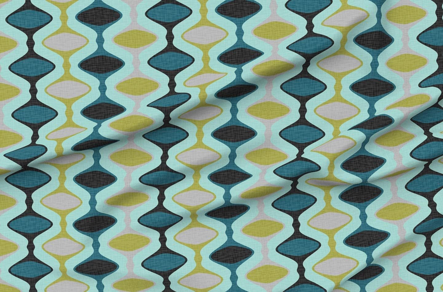 Spoonflower Fabric - Mid Century Ogee Modern Teal Blue Lime Gray Grey Black Olive Geometric Printed on Petal Signature Cotton Fabric by The Yard - Sewing Quilting Apparel Crafts Decor