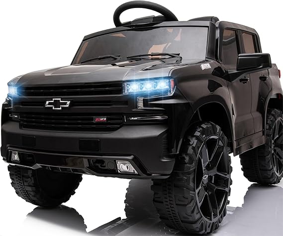 12V Electric Car for Kids,Licensed Chevy Silverado Truck Kids Ride On Car with Remote Control Battery Powered Electric Vehicle Toy Car, 4-Wheeler Suspension, Music& Lights, 3 Speeds(Black)