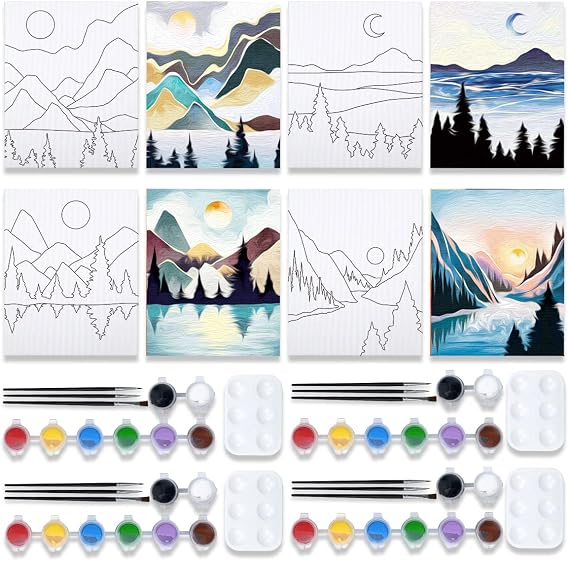 VOCHIC 4 Pack Painting Kit Pre Drawn Canvas for Painting for Adults Party Kits Paint and Sip Party Supplies 8x10 Canvas to Paint Art Set