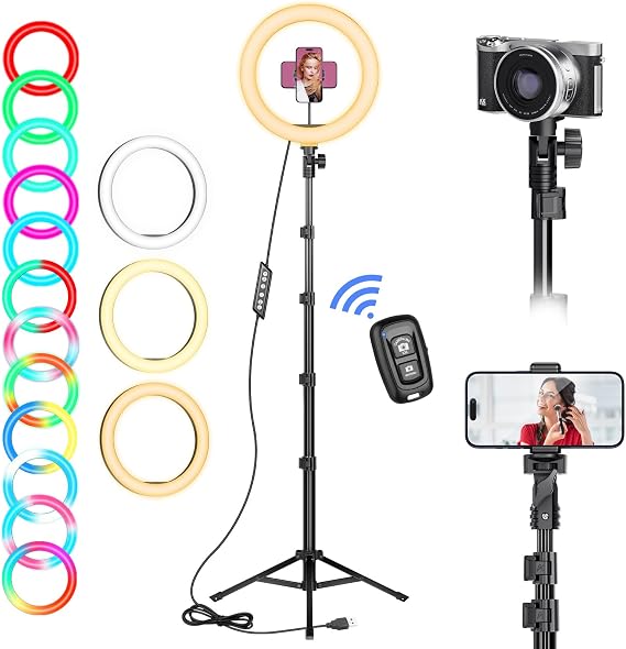 Ring Light with Tripod Stand & Phone Holder Tall 182 cm, 10 inch LED Ringlight Selfie Cicle Light Desk with Remote & Phone Clip for Camera, Video, Makeup, YouTube, TikTok