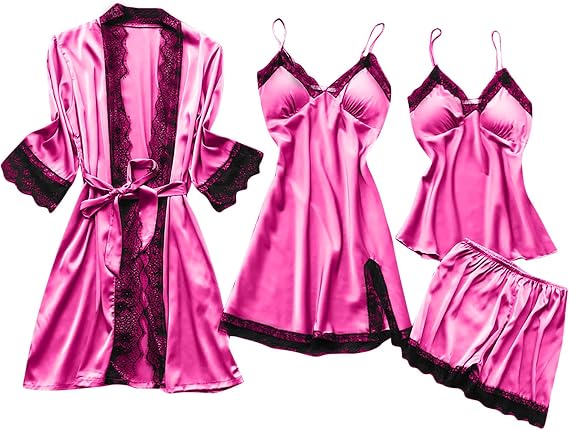 BOXIACEY Satin Pajama Set for Women 4 Piece Silk Pajama Set Lace Nightgown and Robe Sets Sexy Lingerie Sleepwear Set