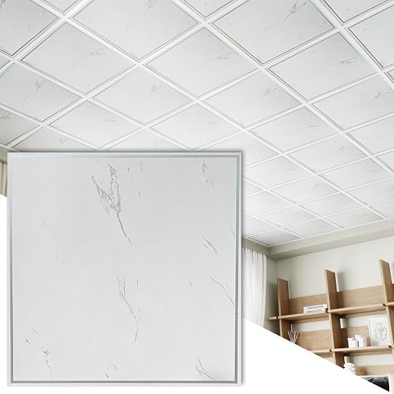 24 PCS 2x2 Ft High-Strength Ceiling Tiles, 24x24 Inch Marble Minimalism Ceiling Panels, Rigid PVC Waterproof Washable Cuttable Material Ideal for Living Room Basement Cover 96 Sq.Ft