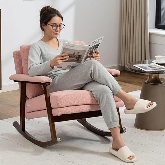 Nursery Rocking Chairs, Mid Century Modern Accent Chair with High Density Foam, Upholstered Reading Armchair for Living Room, Bedroom, Nursery (Light Pink)