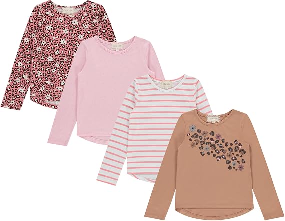 Girls Long Sleeve Fall Graphic Tops, School Sports Tees, 4 Pack Multiple Pattern Tshirts