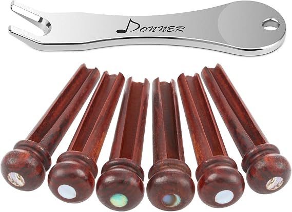 Donner Acoustic Guitar Bridge Pins, 6 PCS Wooden Guitar Bridge Pins Inlaid 3mm Abalone Dot with Guitar Pins Puller and Sandpaper (Brown Cocobolo)