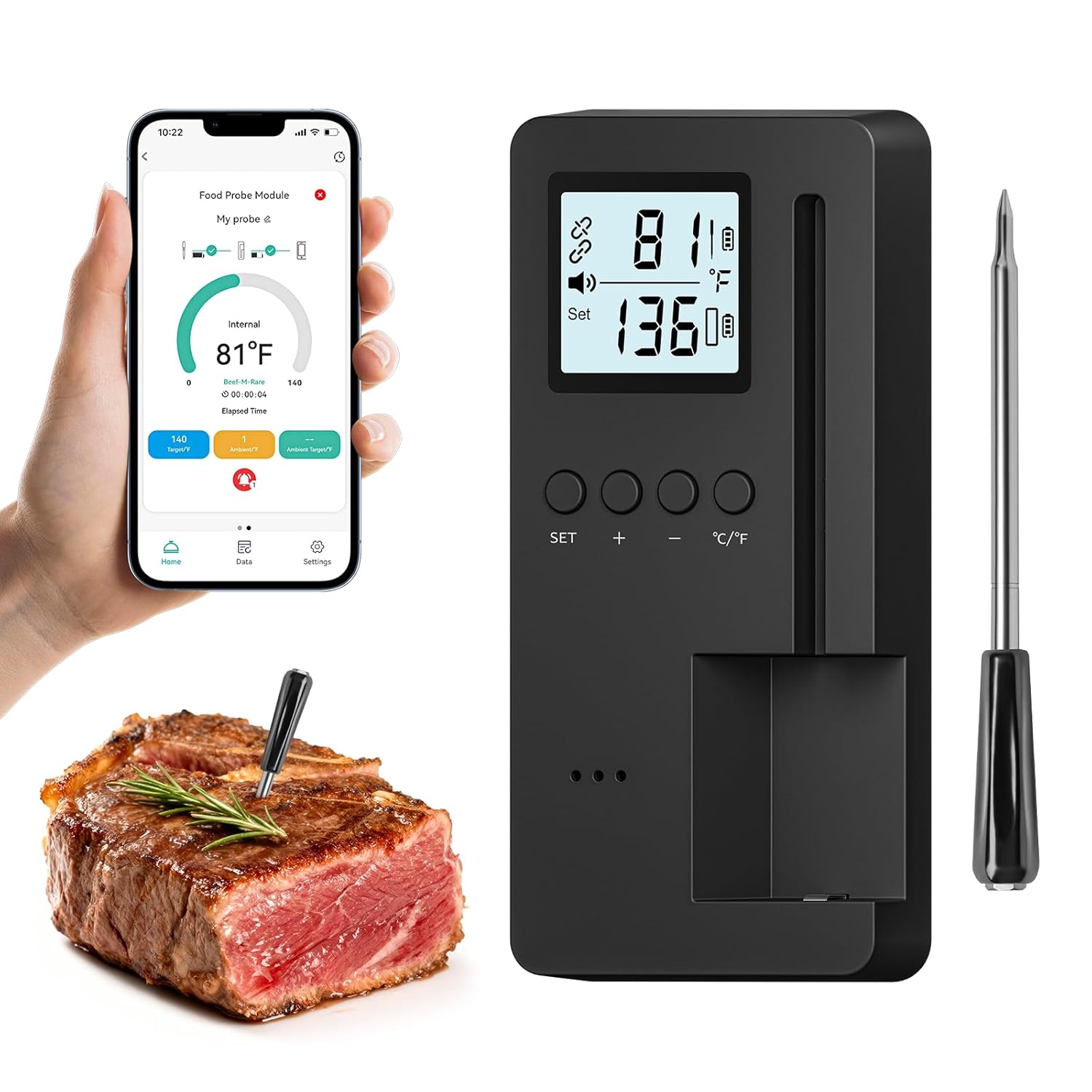 Luvan Smart Wireless Meat Thermometer - Bluetooth Digital Food Thermometer Probe with LCD Display, APP Control & Ceramic Handle, IP67 Waterproof for Instant Read in BBQ, Grilling, Kitchen, Cooking