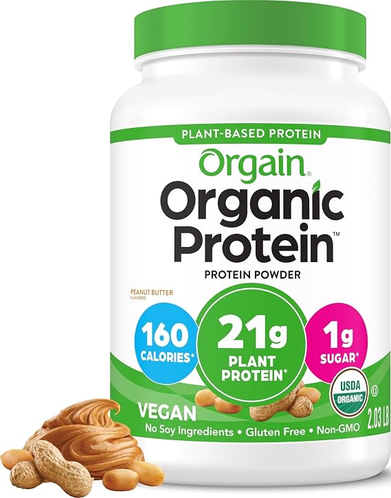 Orgain Organic Vegan 21g Protein Powder, Peanut Butter, 2.03 lb | Plant based protein, 7g prebiotic fiber, low net carb, no added sugar or dairy ingredients, for shakes & smoothies
