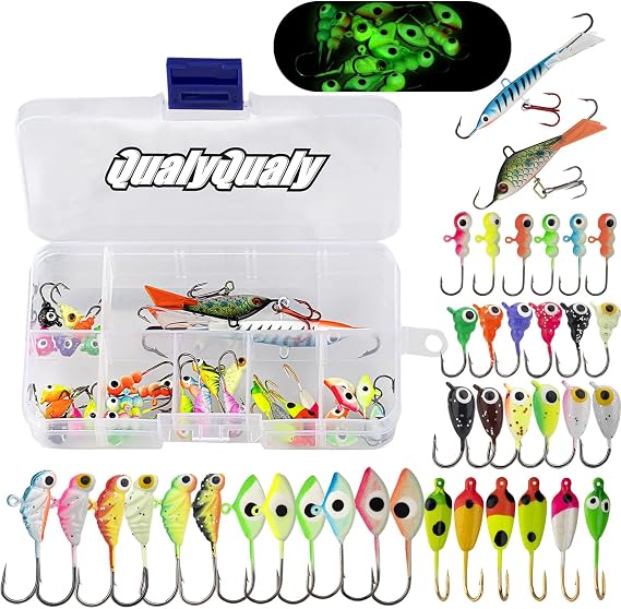 QualyQualy Ice Fishing Jigs Kit 38-72Pcs Ice Fishing Lures for Walleye Perch Jigs Heads for Ice Fishing Tackle Panfish Crappie Jigs, Glow in Dark-Ice Fishing Jigs with Storage Box