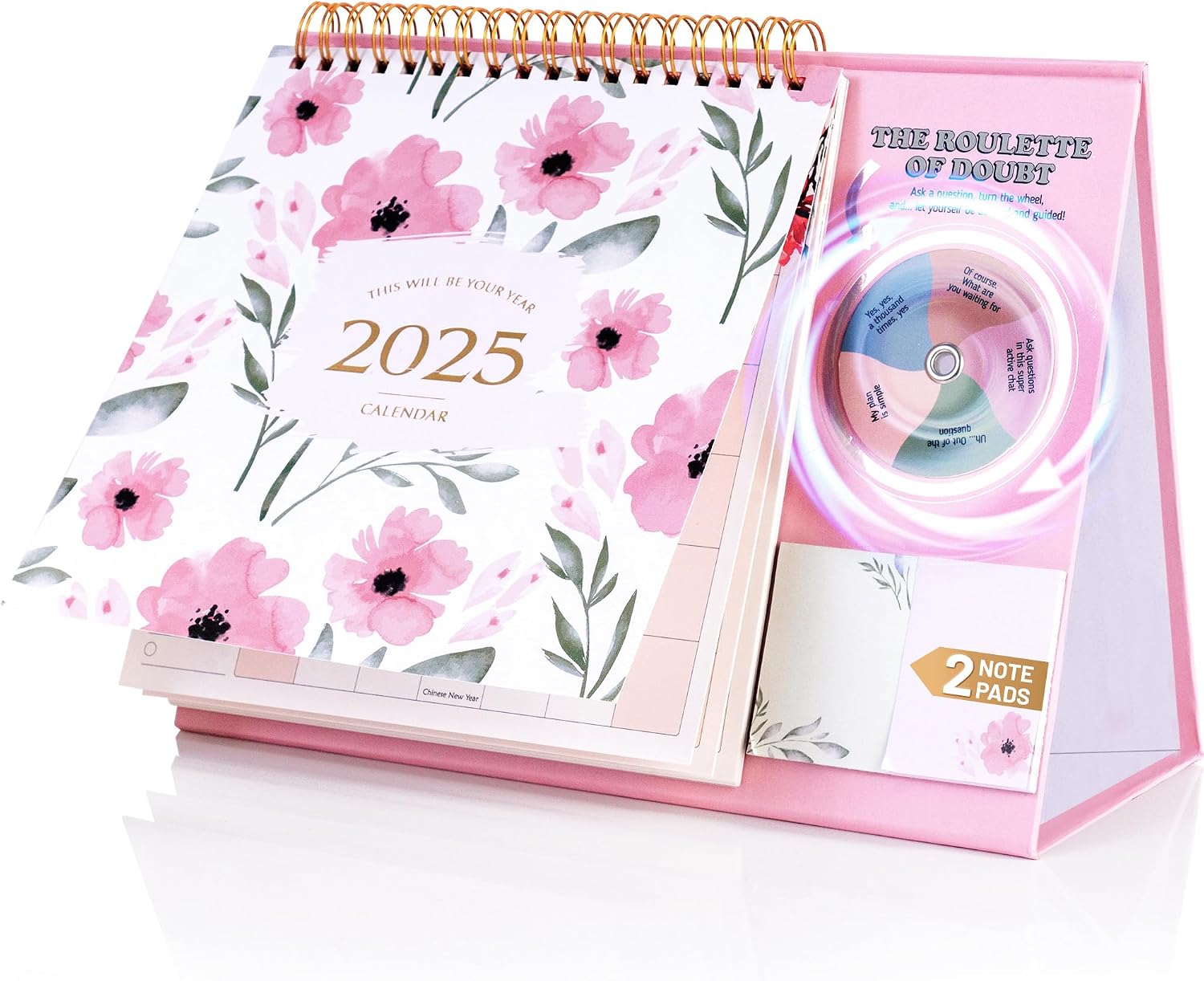 CAGIE Desk Calendar 2025 Standing Flip, Small Desk Calendar 2025 Stand up Desk Calendar from Jan 2025 - Dec 2025, Desktop Calendar 2025 with Sticky Notes and Roulette, 9.5×7.2, Bloomy Flowers Pink