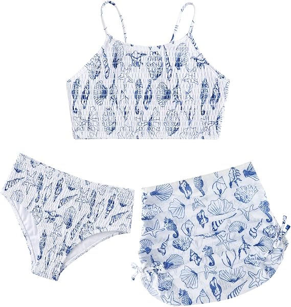 JiAmy Girls 3 Piece Swimsuits Strap Bikini Set with Sarong Skirt 7-13 Years