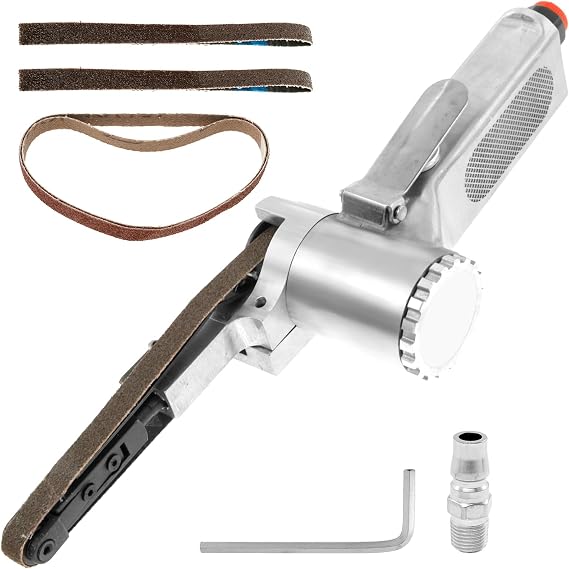 Mini Air Belt Sander with 5pc Belts, Mini Handheld Angle Grinder Industrial Pneumatic Tool 360 Degree Rotating Mini Belt Sander for Woodworking Metal Sanding Grinding, Silver