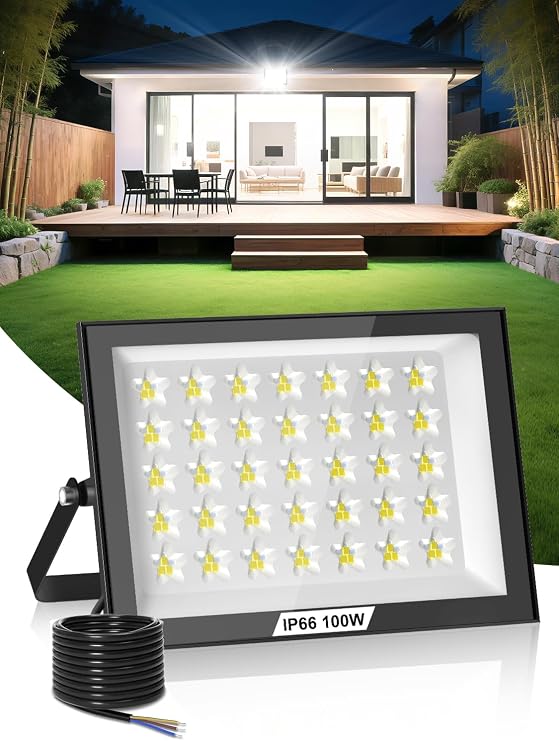 Flood Lights Outdoor 100W,10000LM Super Bright LED Floodlight Outdoor,6500K Cool White Security Light,IP66 Waterproof Wall Light for Garden, Garage, Yard, Parking Lot, Warehouse [Energy Class F]