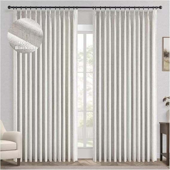 Extral Wide Curtains, Pinch Pleated 100% Blackout Linen Drapery Panels with Hooks, Pinch Pleat Drapes for Patio Sliding Door Large Window Living Room Track, 72" Wx96 L 2 Panel
