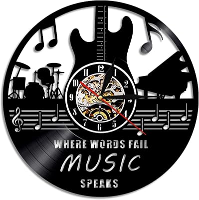 Vinyl Record Wall Clock Di Mana Kata-Kata Gagal Musik Berbicara Rekaman Vinil Jam Dinding Musik Rock Dekorasi Seni Gitar Drum Piano Alat Musik Retro Jam Dinding