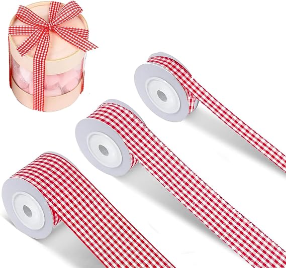 Red and White Checkered Ribbon, 3 Rolls Red and White Gingham Ribbon Picnic Craft Ribbon Red Buffalo Plaid Ribbon for Wrapping, DIY Wreath Decorations, Wedding, Party