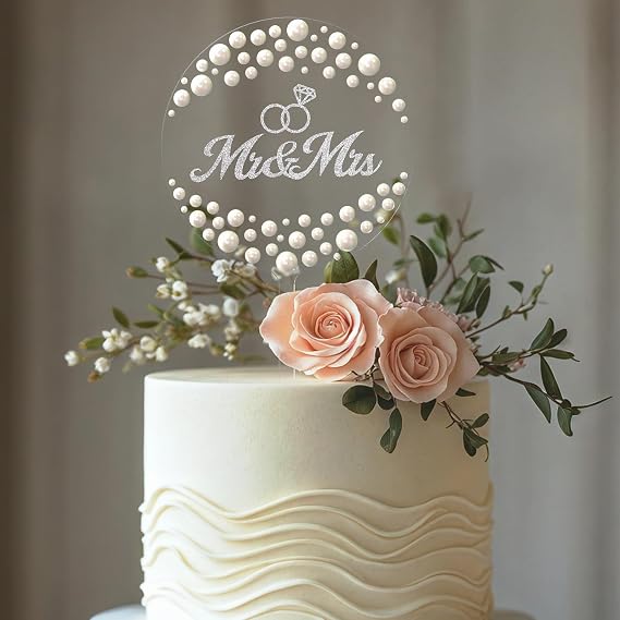 Mr & Mrs Wedding Cake Topper, Contemporary Bride and Groom Sign Rustic Resin Decor for Engagement & Anniversary, Bridal Shower & Party Celebrations (Transparent acrylic & Pearl)