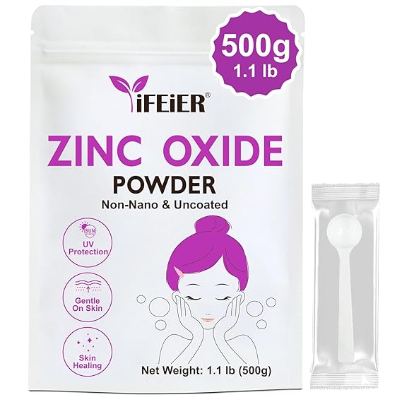 iFEiER Cosmetics Grade Zinc Oxide Powder | 500g(1.1 lb) Non Nano Uncoted 100% Pure Zinc Oxide Powder for Skin Protection | Ideal for DIY Sunscreen, Lotion, Deodorant, and Skincare