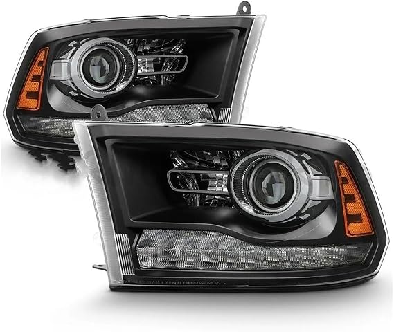 Headlight assembly For Dodge For Ram 1500 2500 3500 2013-2018 Pair With LED DRL Projector Headlights Driver + Passenger Side(Pair Black)