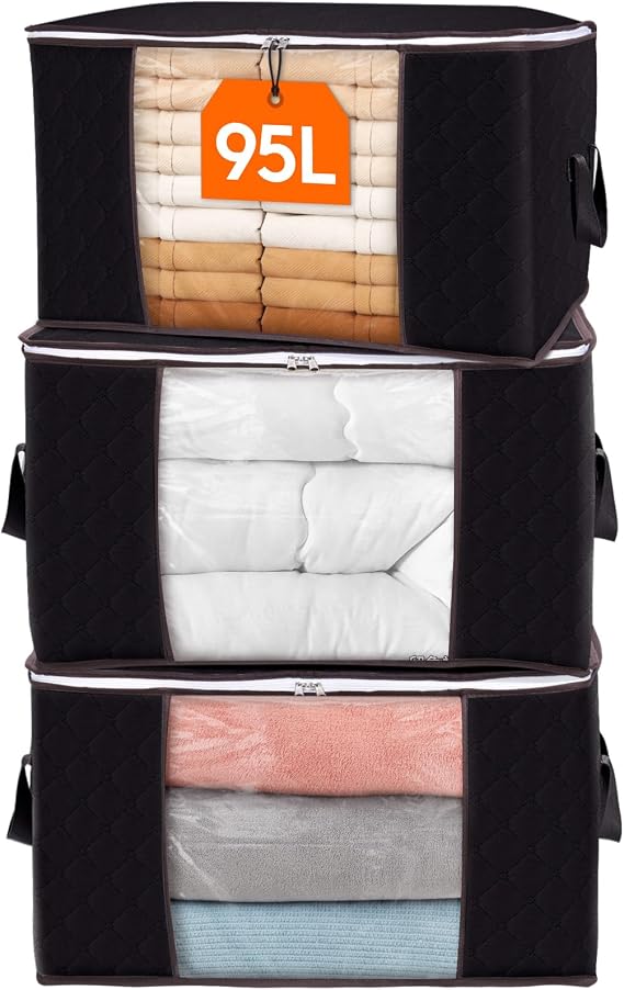 Lifewit 3 Pack 95L Clothes Storage Bags Large Storage Box with Lid Packing Boxes for Moving House with Reinforced Handle Thick Fabric Clear Window for Clothes Duvet Blankets Bedding, Black
