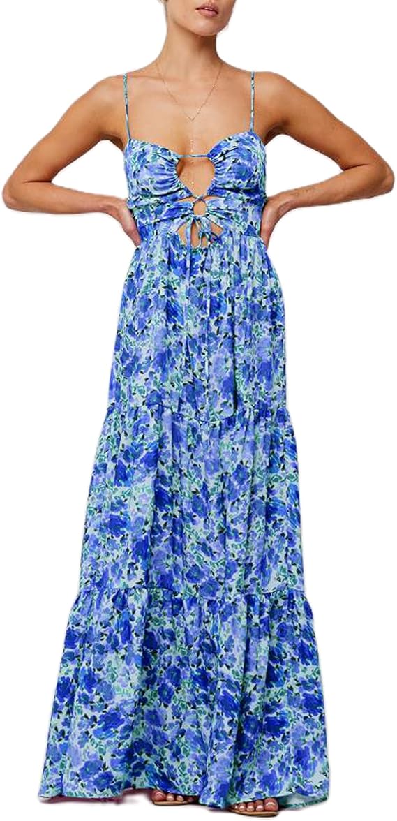 Women's Long Beach Dress Sleeveless Spaghetti Strap Cross Tie-up Front Floral Print Dress Midi Slip Dress