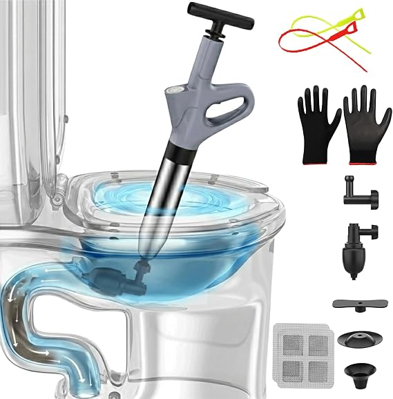 Toilet Plunger, High Pressure Toilet Plunger with Gloves,2 Hair Snake,2 Hair Filters, Toilet Auger Air Drain Blaster with Real-Time, Heavy Duty Plunger for Bathroom and Kitchen Plumbing Clogs
