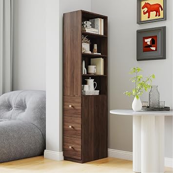 JOYSOURCE Tall 4-Tier Bookshelf with 3 Drawers for Study, 71h x 12d x 20w Bookcase for Bedroom, Apartments, Dorms, Office Wooden Standing Modern Corner Book Shelf with Storage for Living Room Walnut