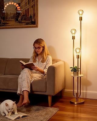 Lightdot Gold Floor Lamp for Living Room, Dimmable Vintage Floor Lamp with Shelf & E26 Base Bulbs, 3 Light Mid Century Standing Lamp, Tall Lamp for BedroomSofa BesideCorner DecorBulbs Included
