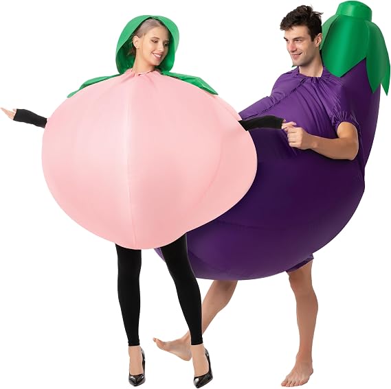 Spooktacular Creations 2Pcs Inflatable Halloween Costumes, Peach and Eggplant Couple Halloween Costumes, Food Themed Blow Up Costumes for Halloween Cosplay Parties - Adult One Size