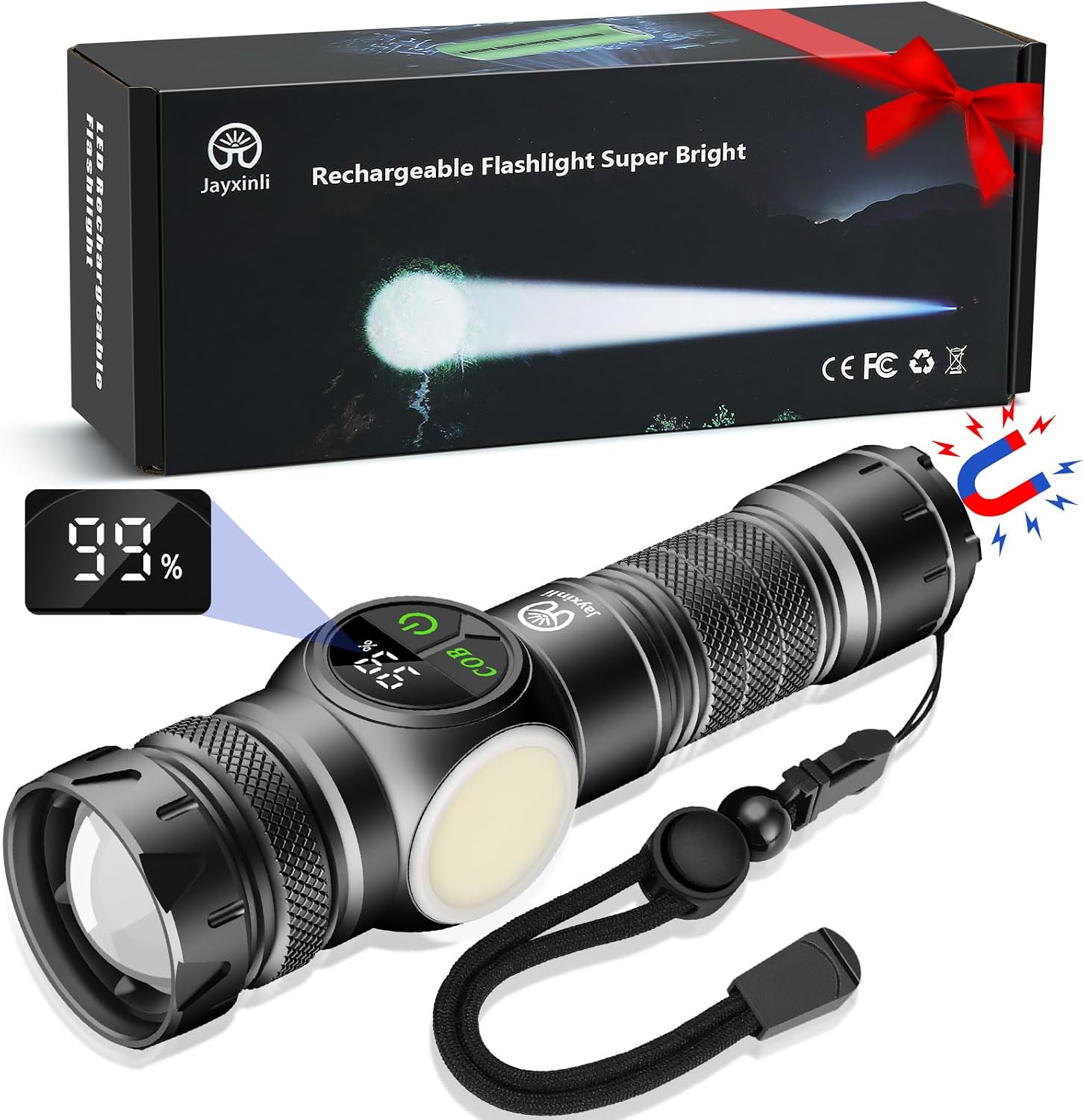 Torches LED Super Bright with Magnetic, 500000 Lumens High Power Rechargeable Torch with LCD Digital Display, Powerful Torch with 9 Light Modes and Zoom for Camping with 5000mAh Battery [Energy Class A]