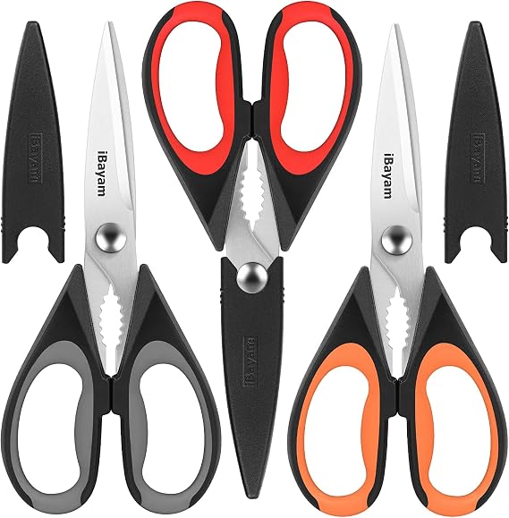 iBayam 3-Pack 8.7" Kitchen Scissors All Purpose Heavy Duty Shears w/Sheath | Soft Comfort Grip, Dishwasher Safe, Stainless Micro-Serrated Edge Blades, Cooking Poultry Herbs Meat Seafood Tools