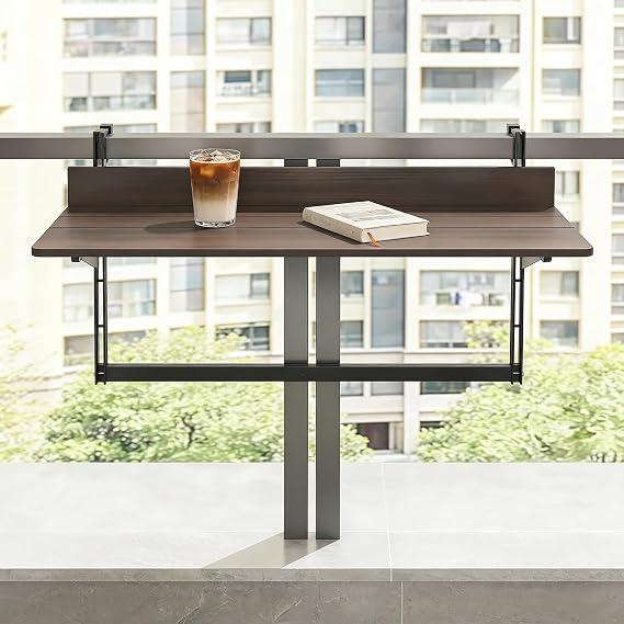 Balcony Bar Table for Railings - Folding Hanging Outdoor Adjustable Deck Rail Table, 5-Level Height Adjustable, Space Saving, Easy Assembly, for Patio Garden, Brown(100cm/39.4in)