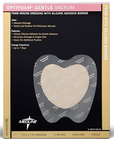 Medline Optifoam Gentle Foam Wound Dressing with Silicone Adhesive Border, 8" x 7" Sacrum, Educational Packaging, Pack of 5