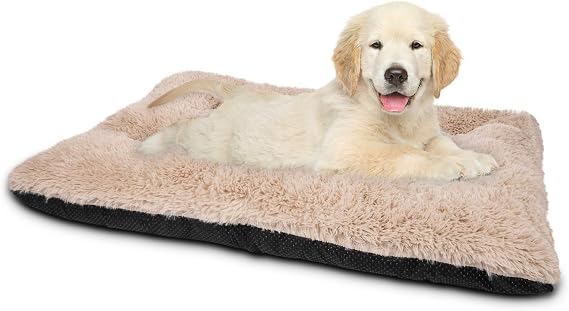 JOEJOY Dog Bed Crate Pad, Deluxe Plush Washable Dog Beds Fulffy Soft Kennel Pad Anti-Slip Pet Sleeping Mat for Small Dogs,23" x 18", Beige