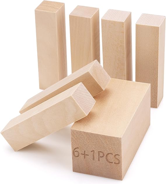 7 Pcs Basswood Carving Blocks, Soft Whittling Wood for Crafts & Beginners | 2 Sizes (4x1x1 & 4x2x2 Inches), Easy To Carve Blanks, For Model Building, Crafts, DIY Projects, Drill Practice, Artisans