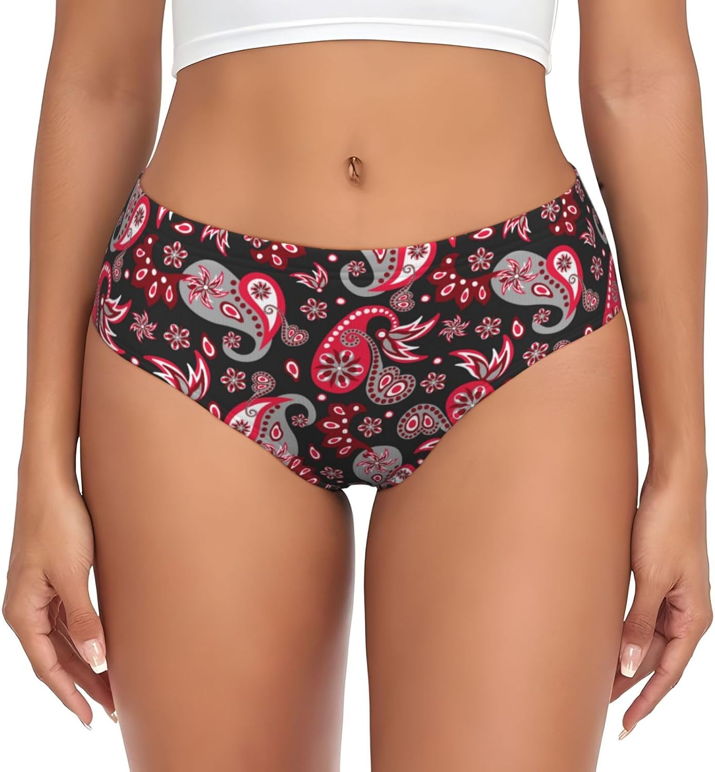 VOSERY Womens Underwear - Red Gray Black Paisley Soft Stretch Women's Panties, Cool Ladies Panties Bikini Underwear Briefs