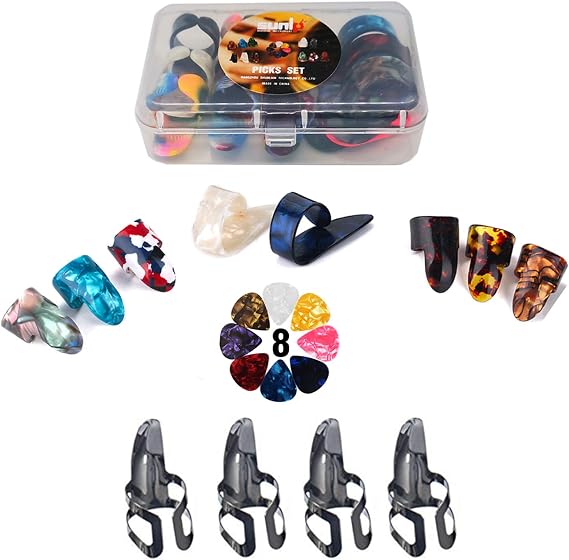 Metal & Celluloid Guitar Thumb Finger Picks Set with Case, Bonus 8pcs 0.46mm Picks for Mandolin Banjo | Celluloid Picks, Free 8pcs 0.46mm Guitar Picks, Plastic Case Included, For Mandolin Banjo Harp