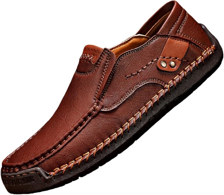 Men's Leather Driving Walking Shoes Hand Stitching Retro Leather Slip-On Loafers Breathable Comfort Round Toe Loafers Casual Shoes for Driving Outdoor Walking