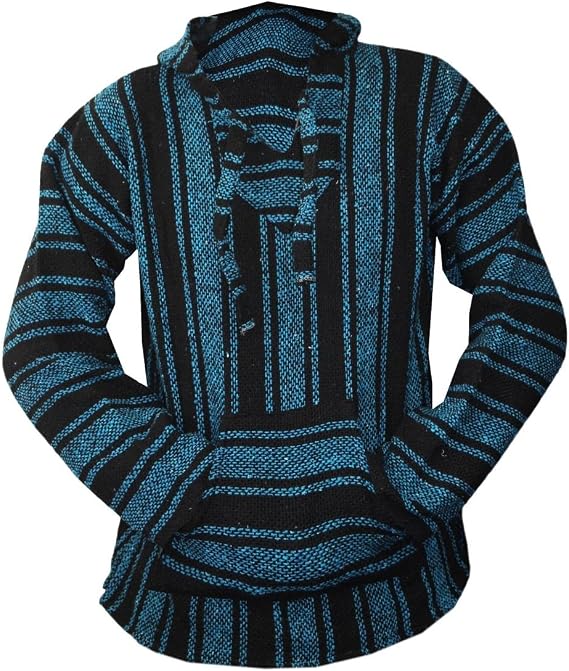 Mexican Baja Hoodie Sweater Jerga Pullover Black Turquoise Unisex