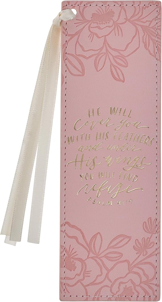 Christian Art Gifts Premium Vegan Leather Inspirational Scripture Bookmark for Women: Under His Wings Encouraging Bible Verse, Satin Ribbon, Reading Accessory for Books, Bibles, Pink & Gold Floral