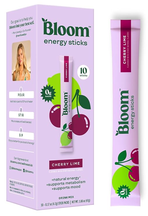 Bloom Nutrition Energy Drink Powder Packets, Cherry Lime, 10 Count