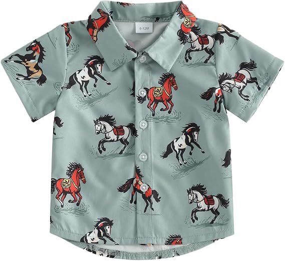Western Baby Boy Clothes Cow Print Short Sleeve Button Down Shirt Lapel Neck T-Shirt Toddler Cowboy Summer Tops