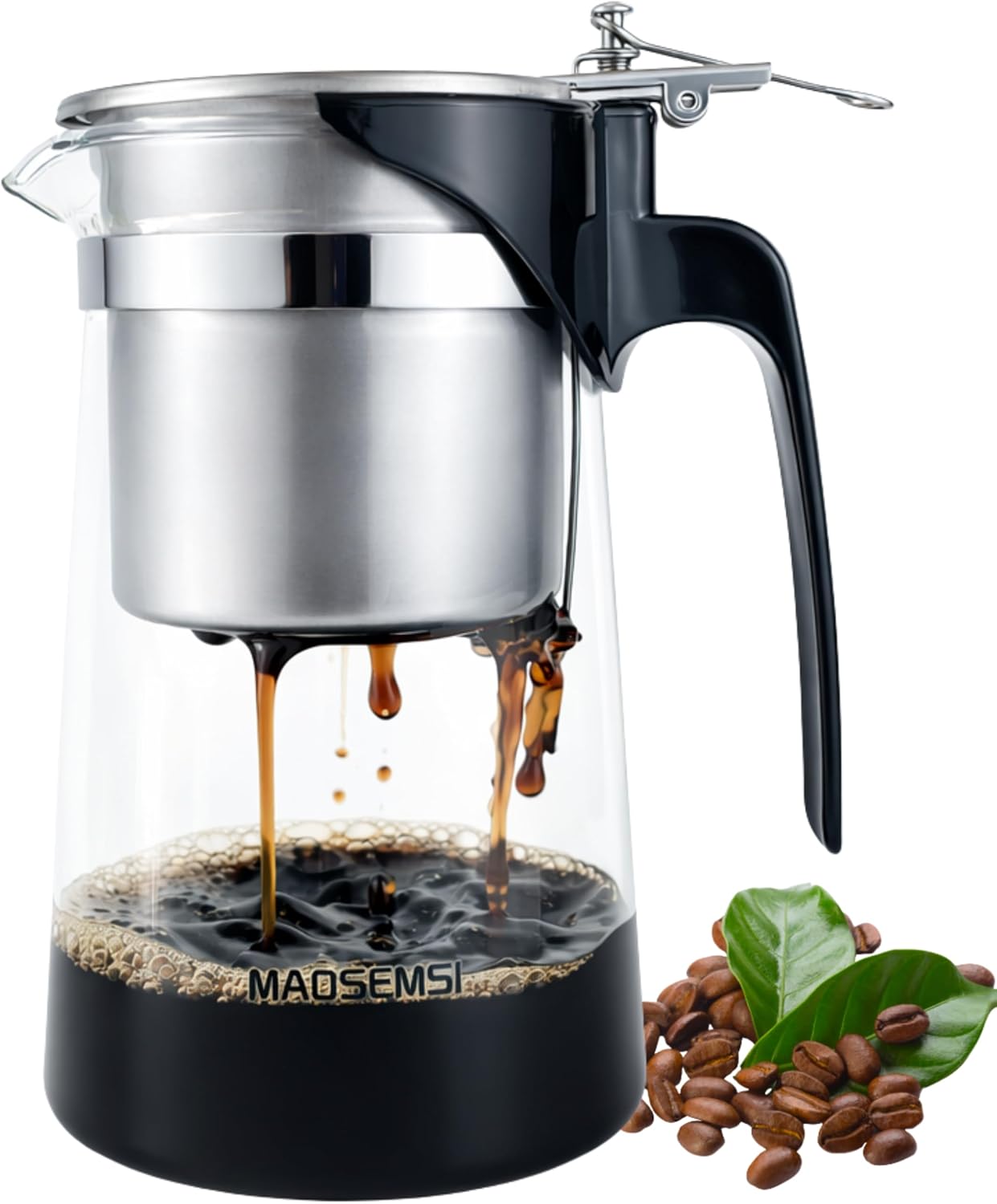 Pour Over Coffee Maker Set, 304 Stainless Steel Coffee Dripper with On/Off Switch, Borosilicate Glass Small Coffee Pot, 50 Filter Papers, Multi-Functional Immersion Drip Cafe Brewer Machine (1, 250ml)
