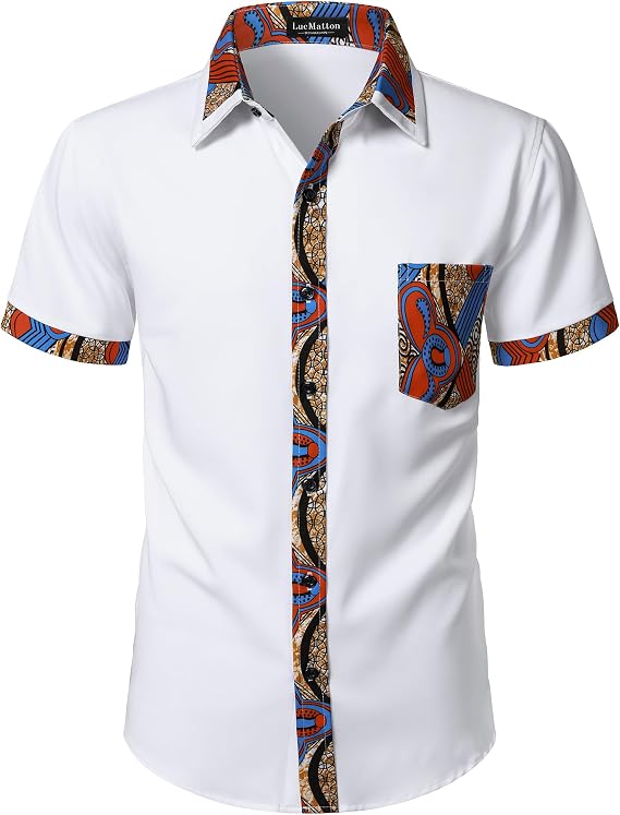 LucMatton Men's Kente Print Short Sleeve Button Down Dress Shirt African Attire Tribal Graphic Dashiki Shirts