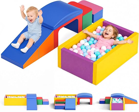 Indoor Soft Play Equipment for Toddlers: 8 PCS PU Leather Baby Soft Play Set for Crawling and Climbing - Foam Blocks Montessori Toys for Kids Motor Development(without the ball)