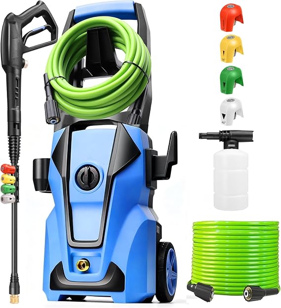 Electric Pressure Washer 5000PSI Adjustable Max 4.0GPM with 33FT Flexible Extension Hose, 4 Nozzles, Foam Cannon, Power Washer Powered for Cars, Patios, Driveways, Light Blue