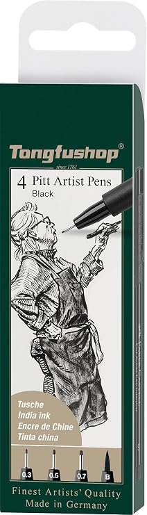 Tongfushop Art & Graphic Pitt Artist Pen India Ink Pen, Black, Wallet Of 4, For Art, Craft, Drawing, Sketching, Home, School, University, Colouring